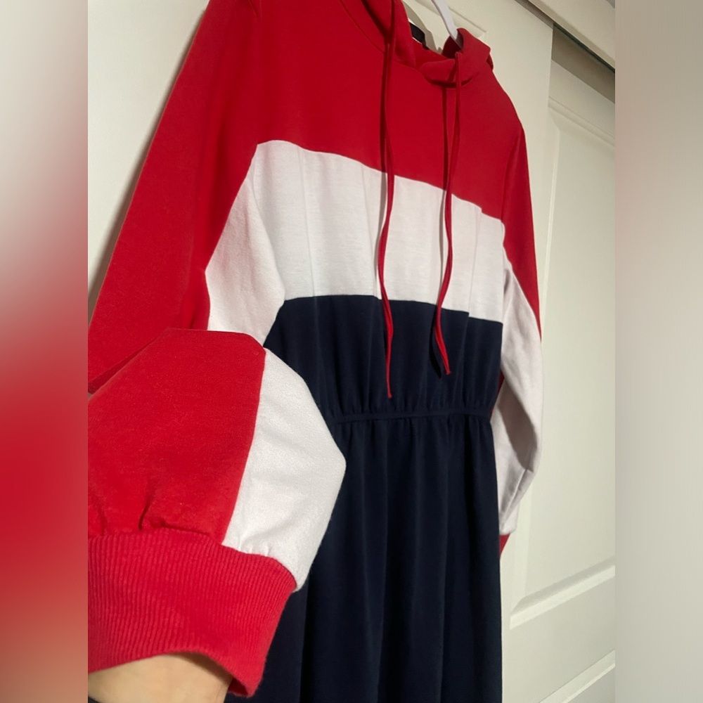 Casual Colorblock Hoodie Dress - Red White Navy